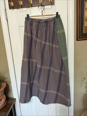 Plaid Maxi Skirt with Green Side Panel - Brown and Navy W 12” L 35”